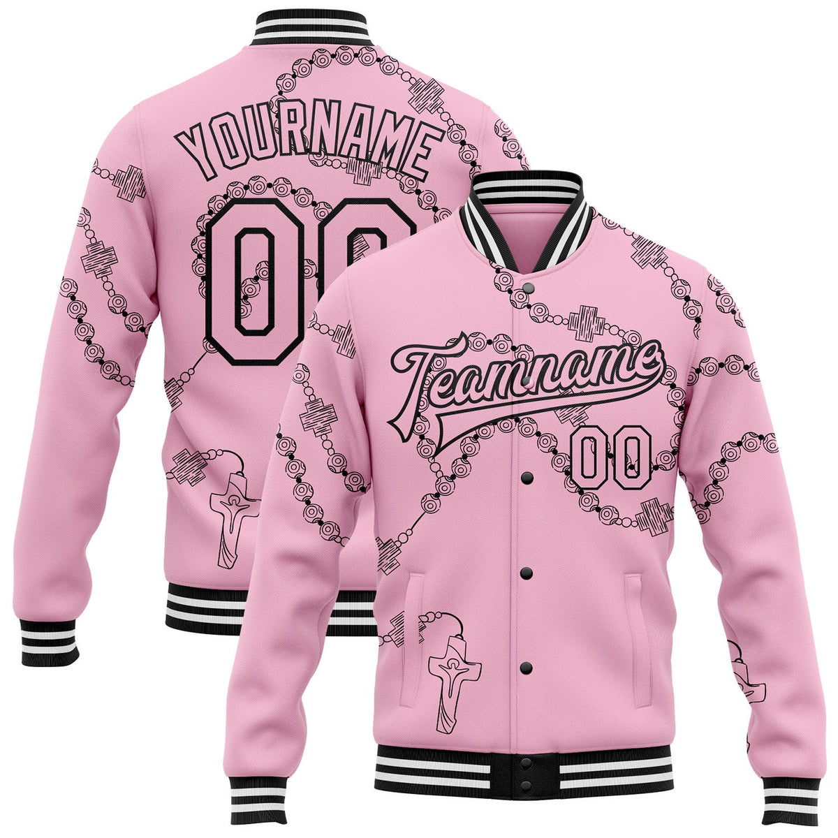 Custom Light Pink Black-White Gothic Crosses Bomber Full-Snap Varsity Letterman Jacket