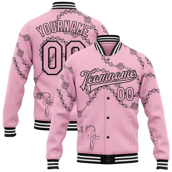 Custom Light Pink Black-White Gothic Crosses Bomber Full-Snap Varsity Letterman Jacket