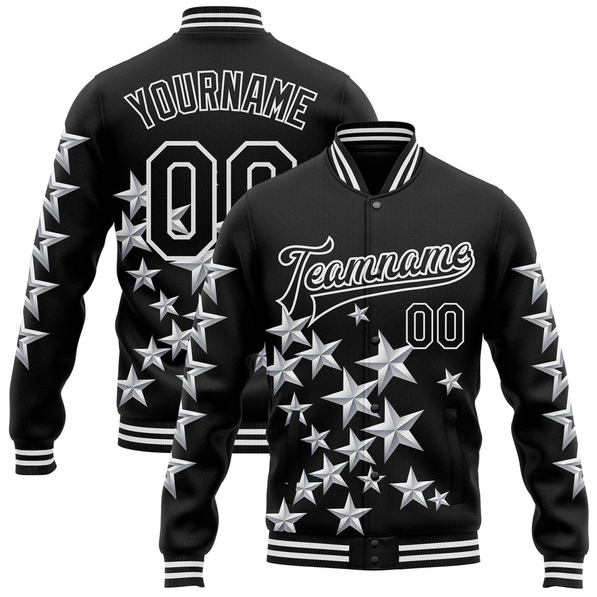 Custom Black White Y2K Stars Bomber Full-Snap Varsity Letterman Jacket