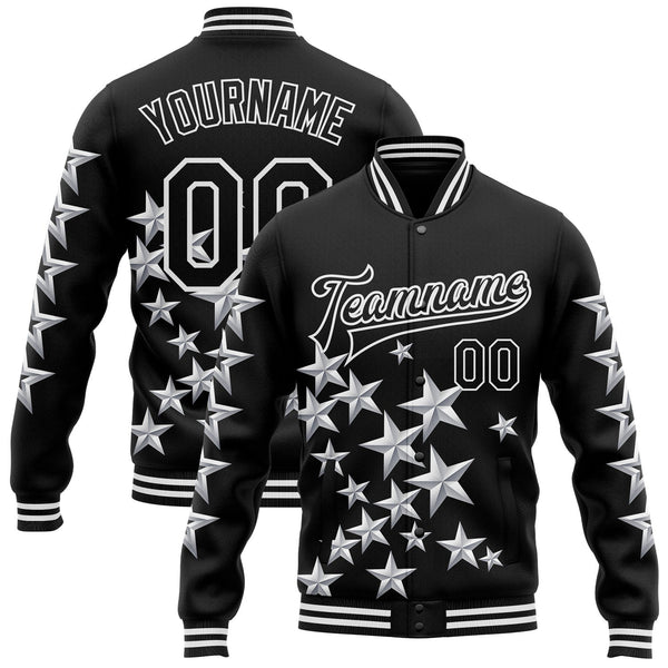 Custom Black White Y2K Stars Bomber Full-Snap Varsity Letterman Jacket
