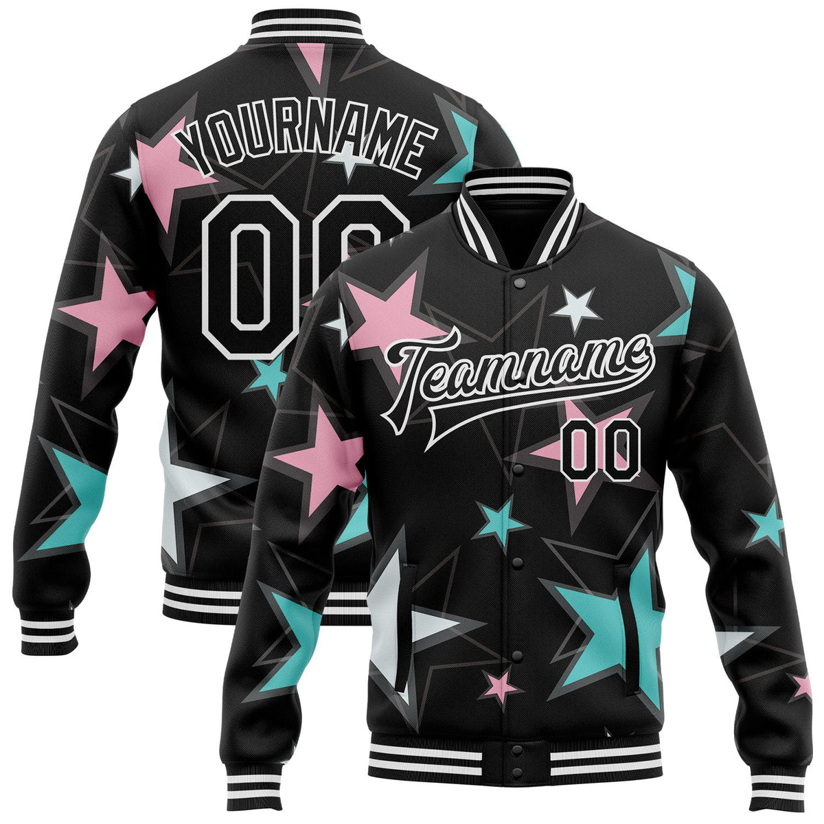 Custom Black White Y2K Stars Bomber Full-Snap Varsity Letterman Jacket