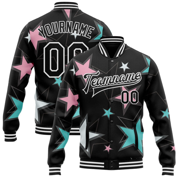 Custom Black White Y2K Stars Bomber Full-Snap Varsity Letterman Jacket