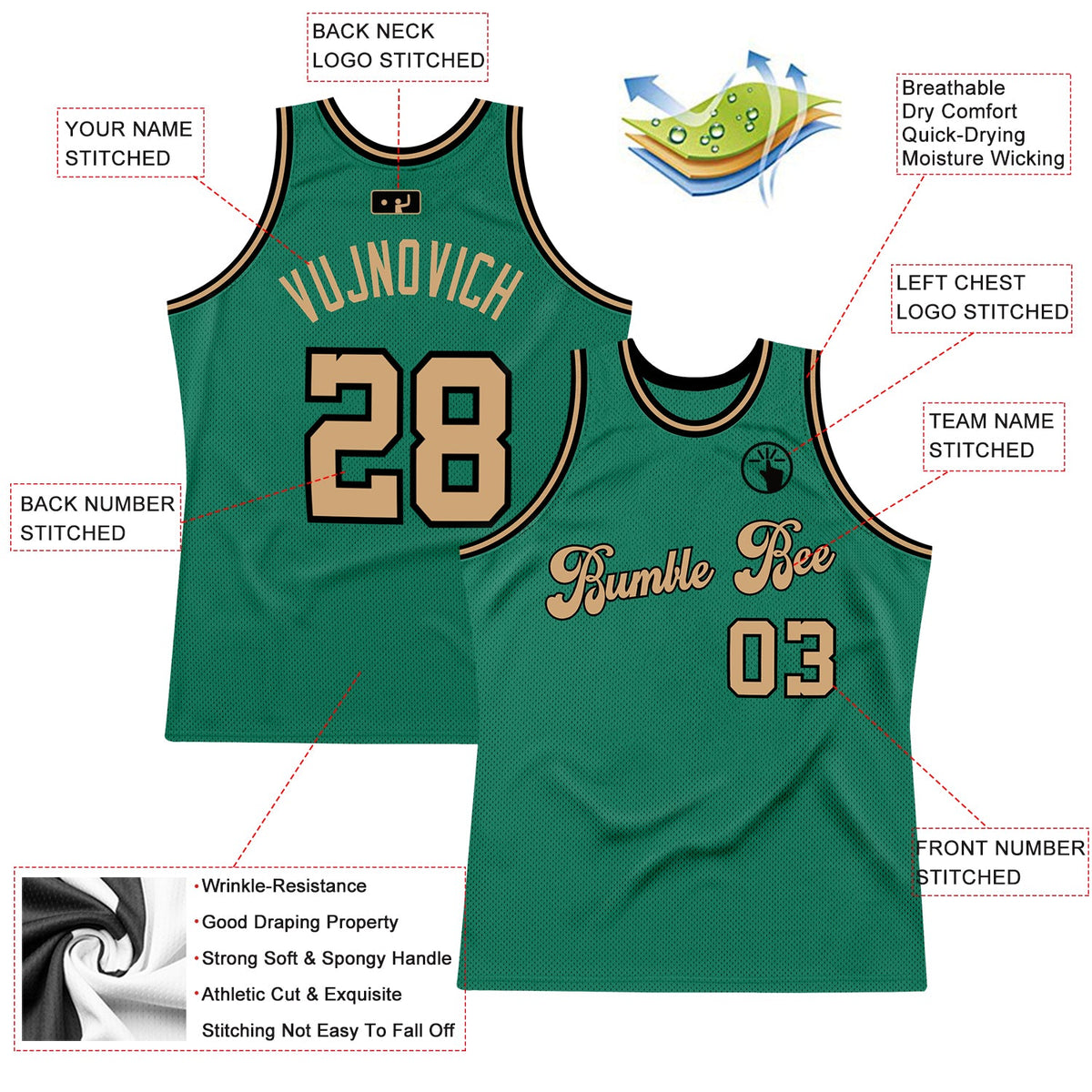 Custom Kelly Green Old Gold-Black Authentic Throwback Basketball Jersey - Back