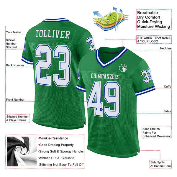 Custom Grass Green White-Royal Mesh Authentic Throwback Football Jersey alternate