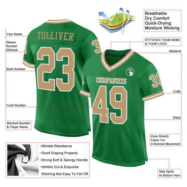 Custom Grass Green Old Gold-White Mesh Authentic Throwback Football Jersey alternate
