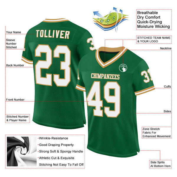 Custom Kelly Green White-Old Gold Mesh Authentic Throwback Football Jersey alternate