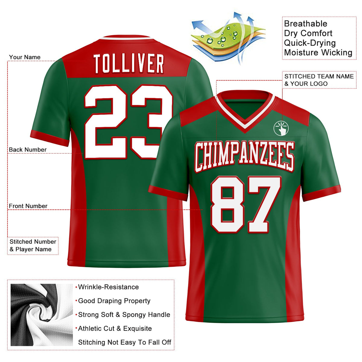 Custom Kelly Green White-Red Authentic Football Jersey - Front
