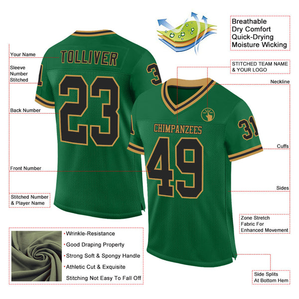 Custom Kelly Green Black-Old Gold Mesh Authentic Throwback Football Jersey alternate