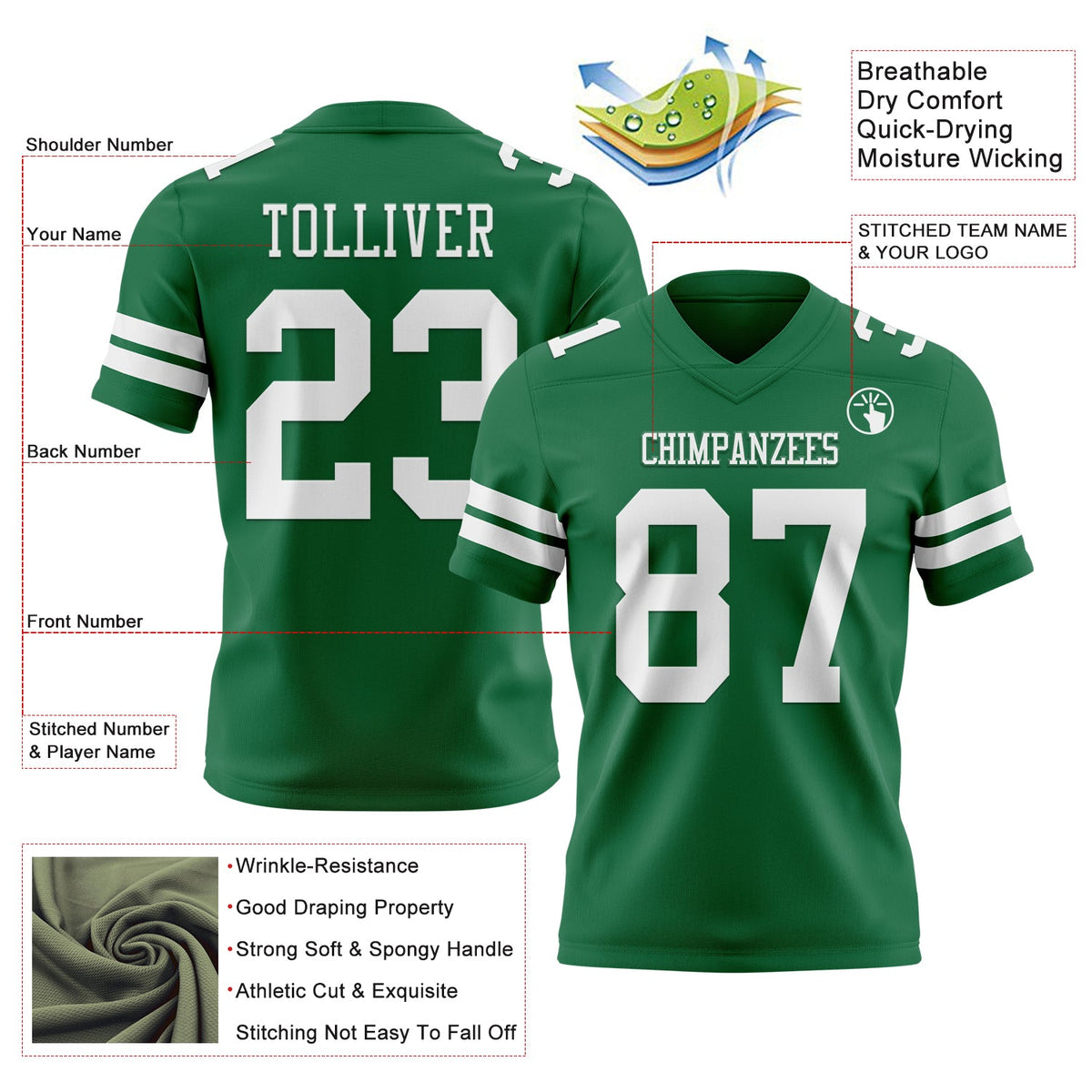 Custom Kelly Green White Authentic Football Jersey - Front