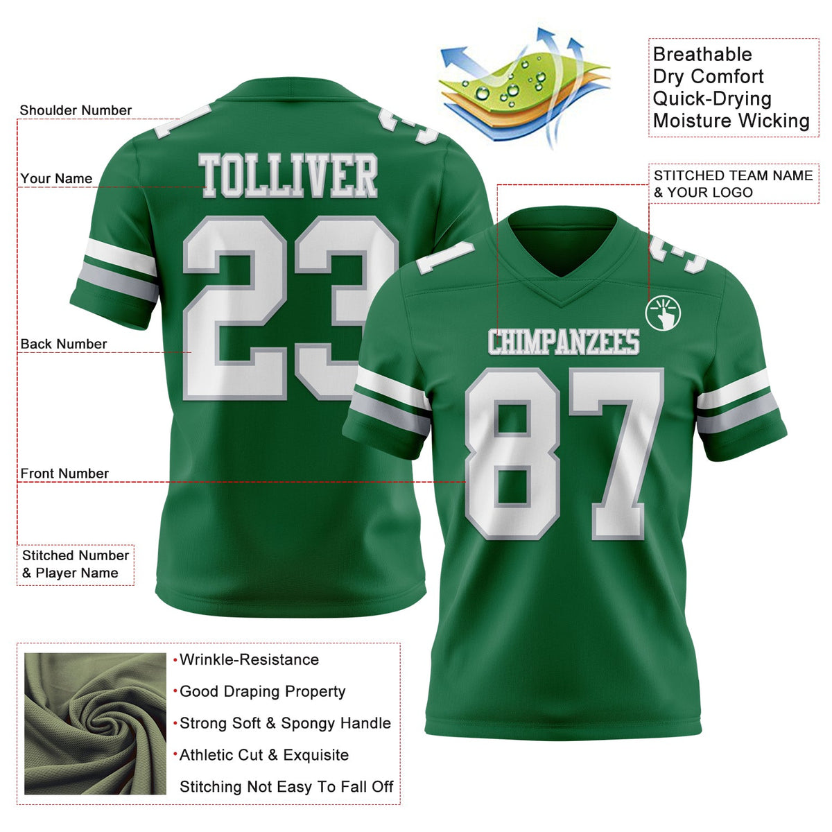 Custom Kelly Green White-Gray Authentic Football Jersey - Front