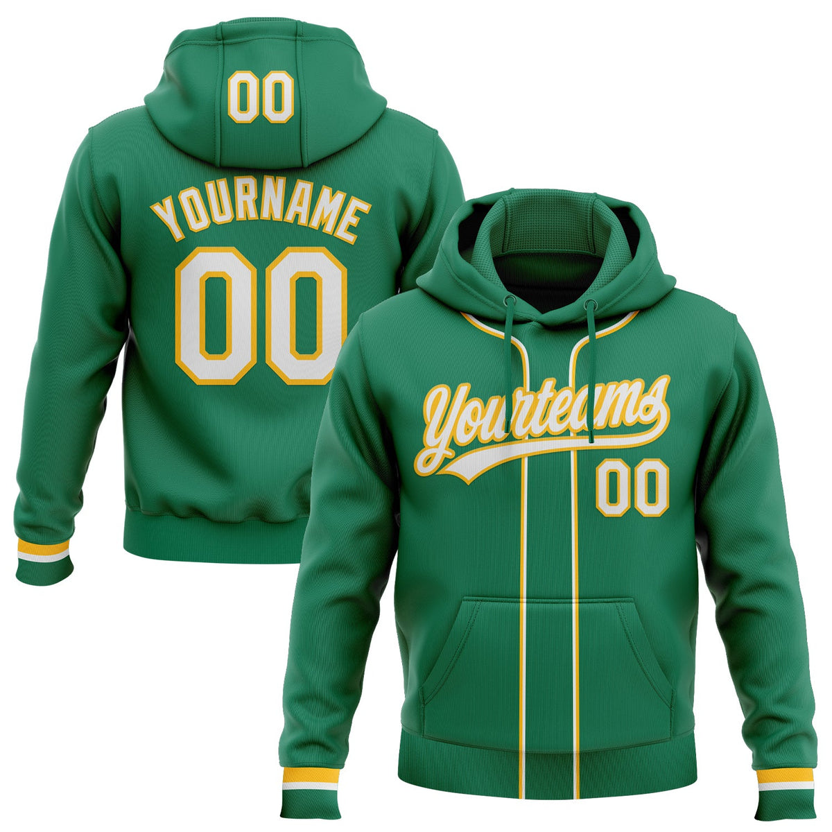 Custom Stitched Kelly Green White-Gold Baseball Pullover Sweatshirt Hoodie