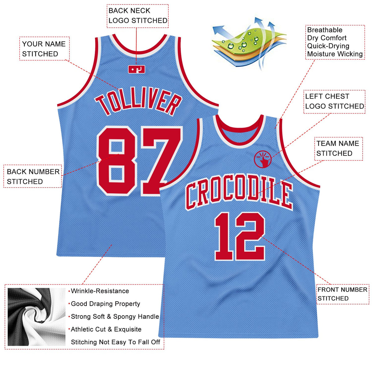 Custom Light Blue Red-White Authentic Throwback Basketball Jersey - Back