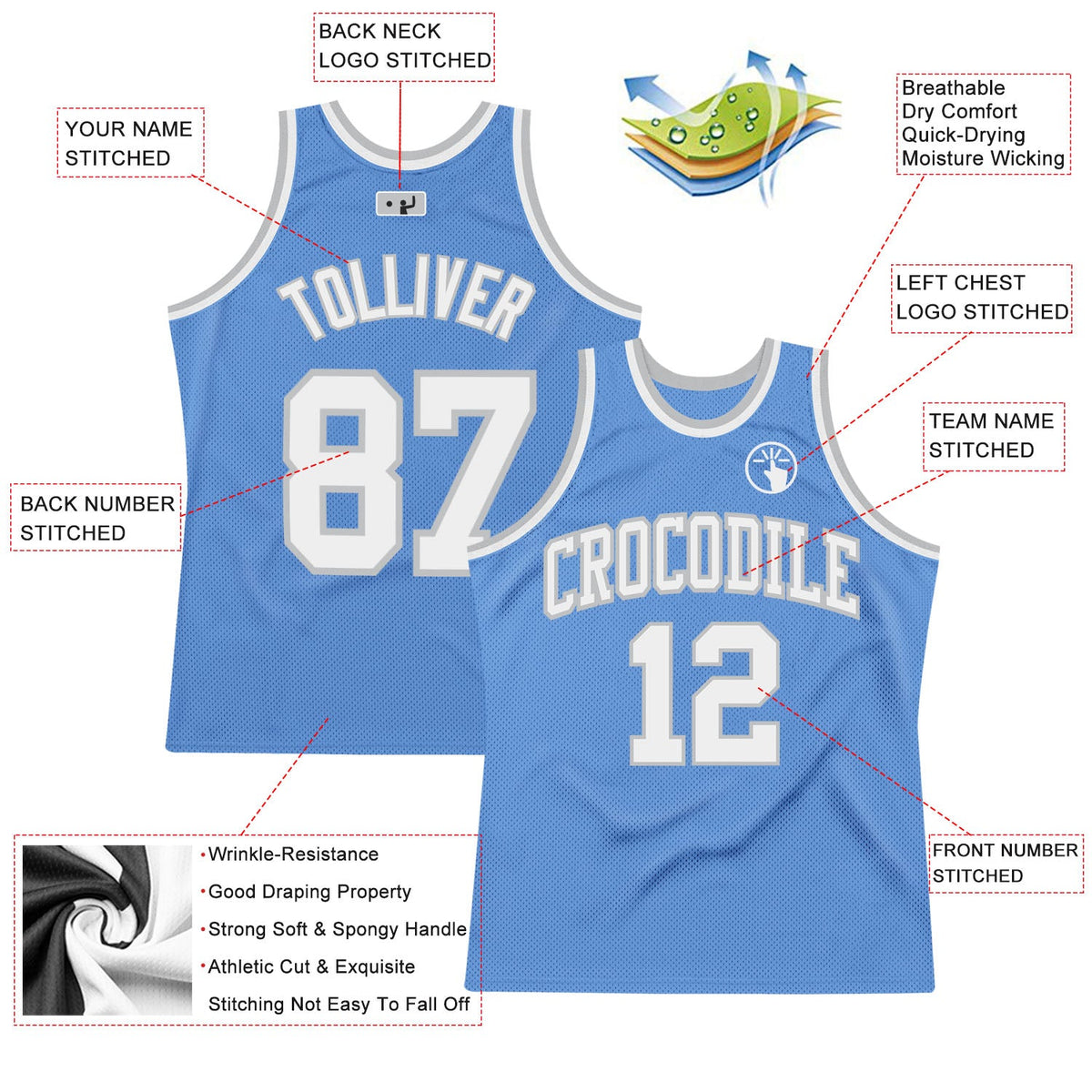 Custom Light Blue White-Gray Authentic Throwback Basketball Jersey - Back