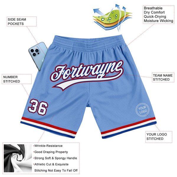 Custom Light Blue White Royal-Red Authentic Throwback Basketball Shorts alternate