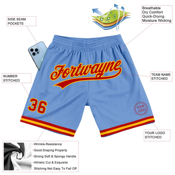 Custom Light Blue Red-Gold Authentic Throwback Basketball Shorts alternate
