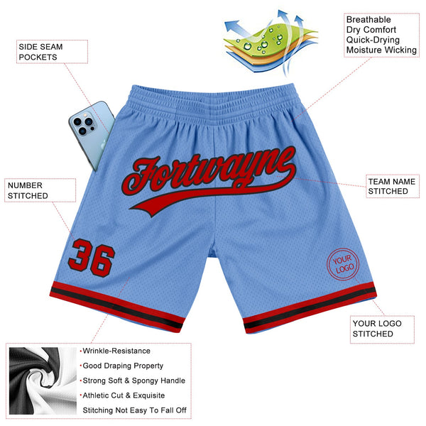 Custom Light Blue Red-Black Authentic Throwback Basketball Shorts alternate