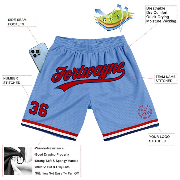 Custom Light Blue Red-Navy Authentic Throwback Basketball Shorts alternate