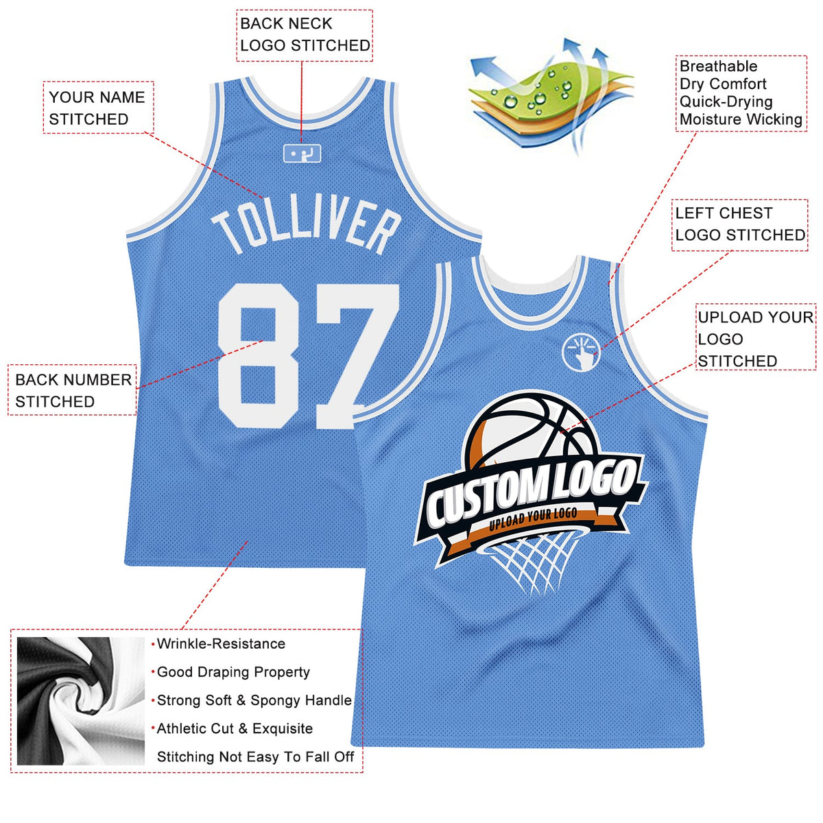 Custom Light Blue White Authentic Throwback Basketball Jersey - Back