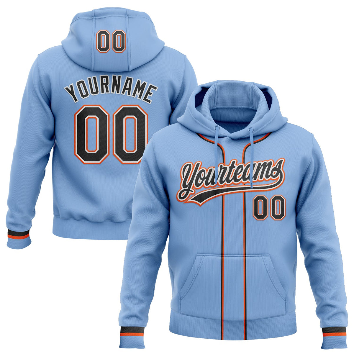 Custom Stitched Light Blue Black White-Orange Baseball Pullover Sweatshirt Hoodie