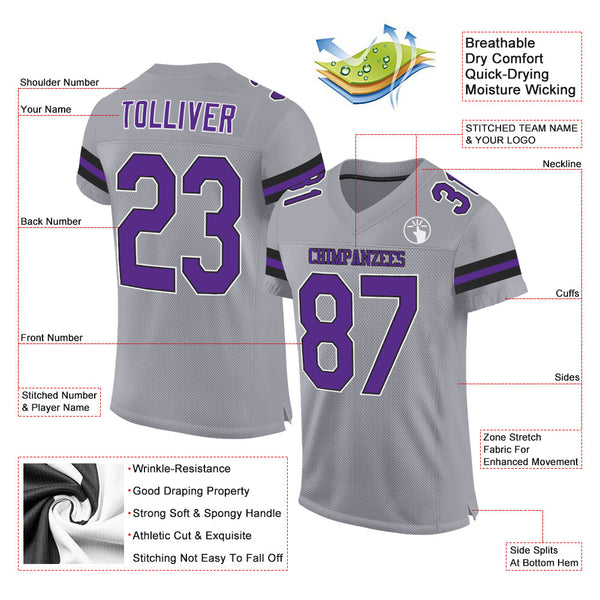 Custom Light Gray Purple-Black Mesh Authentic Football Jersey alternate