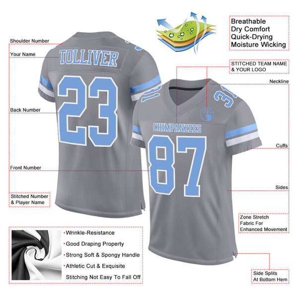Custom Light Gray Light Blue-White Mesh Authentic Football Jersey alternate