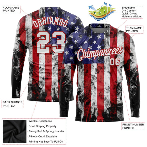 Custom White White Red-Royal American Flag Fashion 3D Long Sleeve Performance T-Shirt alternate