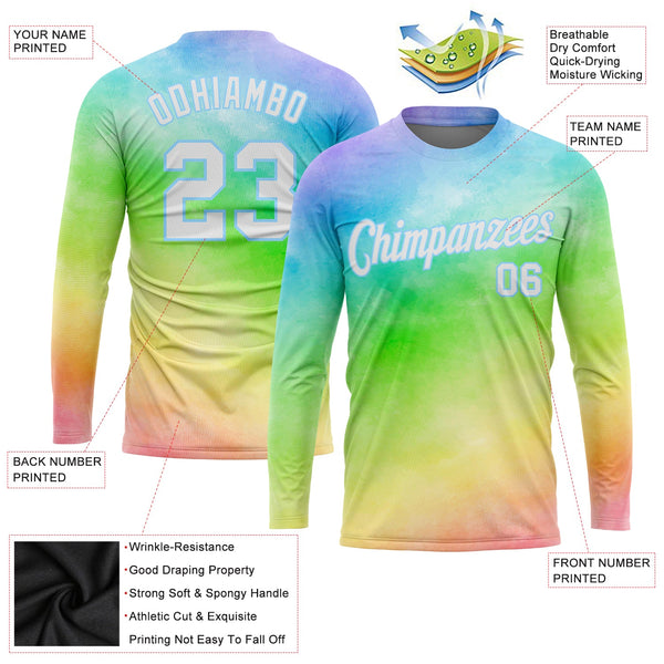 Custom Tie Dye White-Light Blue Rainbow 3D Long Sleeve Performance T-Shirt alternate