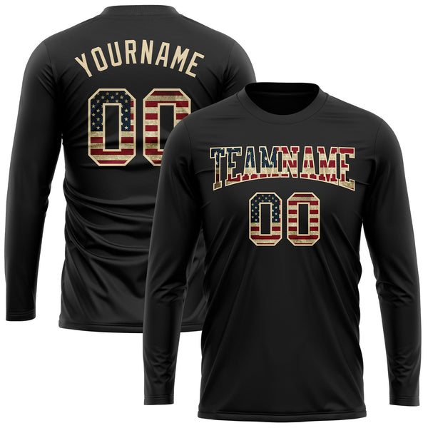Custom Black Vintage USA Flag Crimson-Cream Long Sleeve Performance T-Shirt alternate