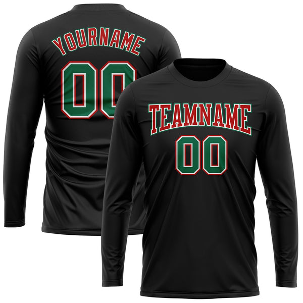 Custom Black Kelly Green Red-White Long Sleeve Performance T-Shirt alternate