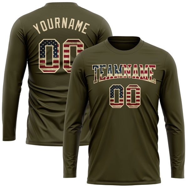 Custom Olive Vintage USA Flag-Cream Long Sleeve Performance Salute To Service T-Shirt alternate