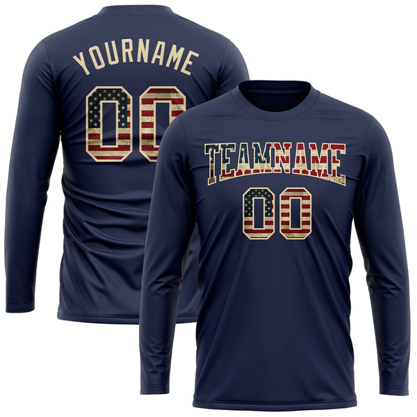 Custom Navy Vintage USA Flag Cream-Crimson Long Sleeve Performance Salute To Service T-Shirt alternate