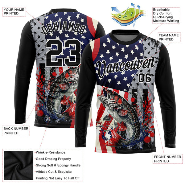 Custom Black Red-Royal 3D American Flag And Fish Fishing Long Sleeve Performance T-Shirt alternate