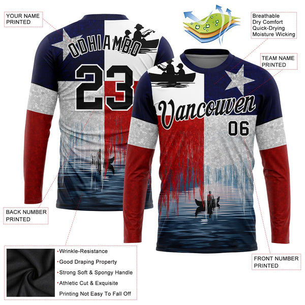 Custom Red Black-Navy 3D Texas Flag And Fish Fishing Long Sleeve Performance T-Shirt alternate