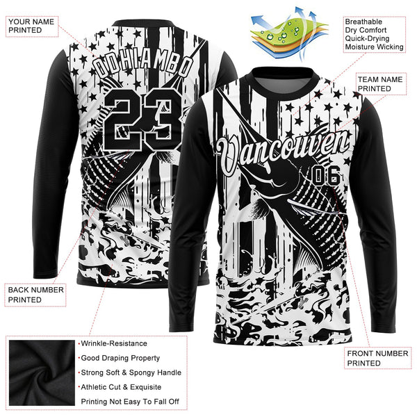 Custom Black White 3D American Flag And Marlin Fish Fishing Long Sleeve Performance T-Shirt alternate