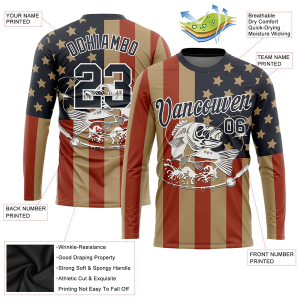 Custom Old Gold Navy-Red 3D American Flag And Fish Fishing Long Sleeve Performance T-Shirt alternate