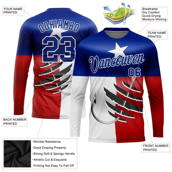 Custom Royal Red-White 3D Texas Flag And Fish Hook Fishing Long Sleeve Performance T-Shirt alternate