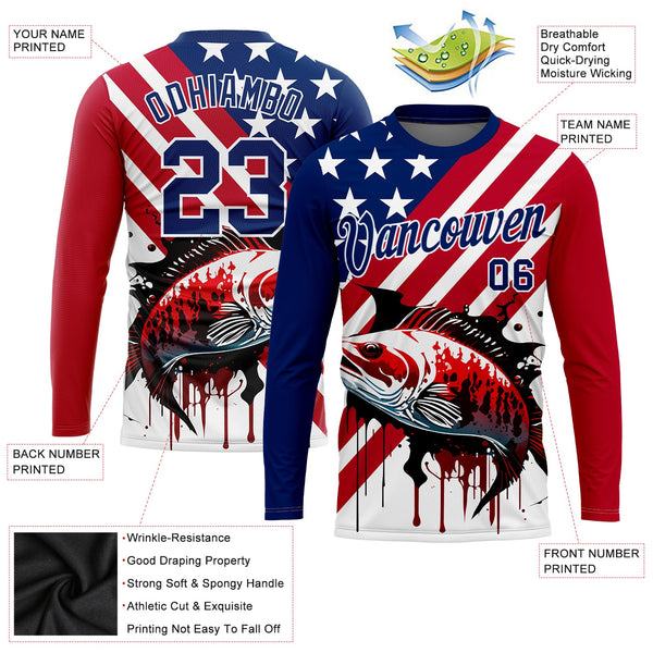 Custom US Navy Blue Red-White 3D American Flag And Bass Fish Fishing Long Sleeve Performance T-Shirt alternate