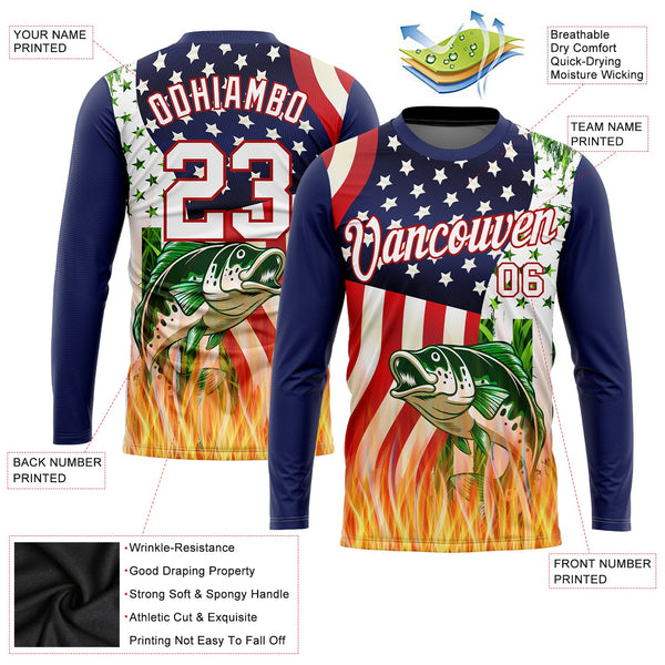 Custom Royal White-Red 3D American Flag And Bass Fish Fishing Long Sleeve Performance T-Shirt alternate