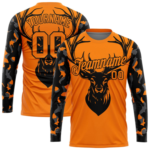 Custom Bay Orange Black-Camo 3D Animal Deer Hunting Long Sleeve Performance T-Shirt