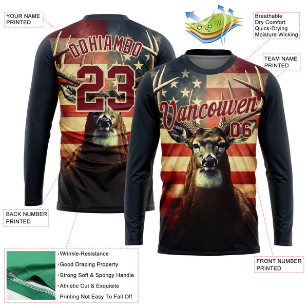 Custom Navy Crimson-City Cream 3D Animal Deer Hunting American Flag Long Sleeve Performance T-Shirt alternate