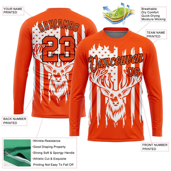 Custom Orange Black-White 3D Animal Deer Hunting American Flag Long Sleeve Performance T-Shirt alternate