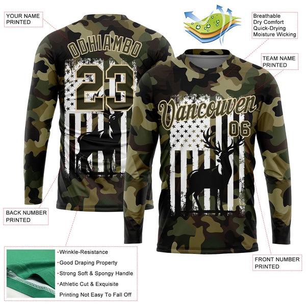 Custom Camo Olive-White 3D Animal Deer Hunting American Flag Long Sleeve Performance T-Shirt alternate