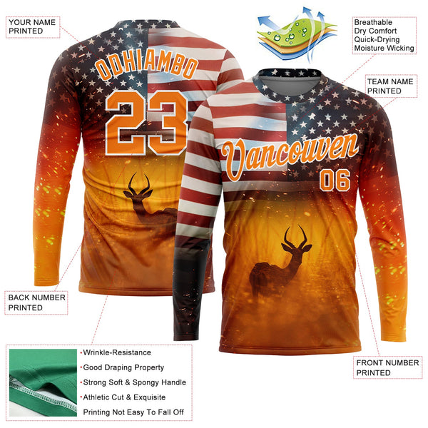 Custom Bay Orange White 3D Animal Deer Hunting American Flag Long Sleeve Performance T-Shirt alternate