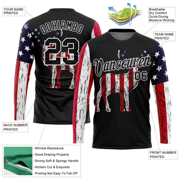Custom Black White 3D Animal Deer Hunting American Flag Long Sleeve Performance T-Shirt alternate