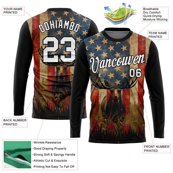 Custom Black White 3D Animal Deer Hunting American Flag Long Sleeve Performance T-Shirt alternate