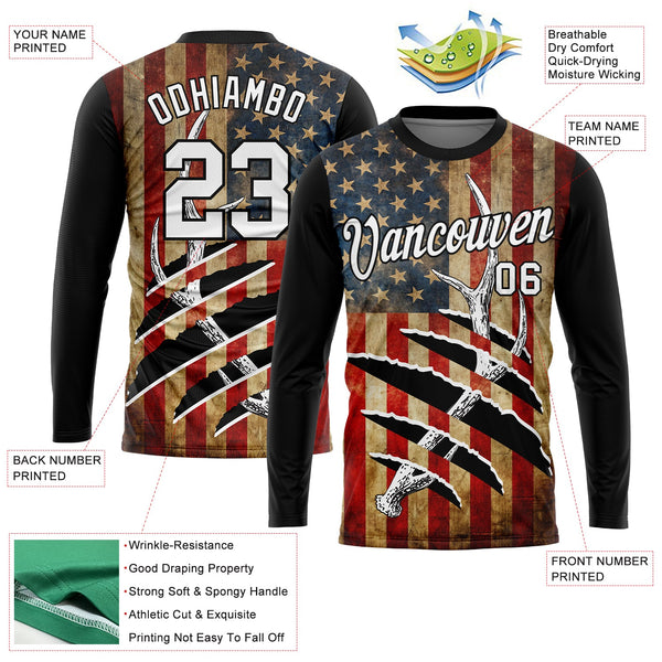 Custom Black White 3D Animal Deer Hunting American Flag Long Sleeve Performance T-Shirt alternate