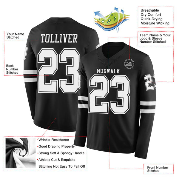 Custom Black White Long Sleeve Authentic Football Jersey alternate