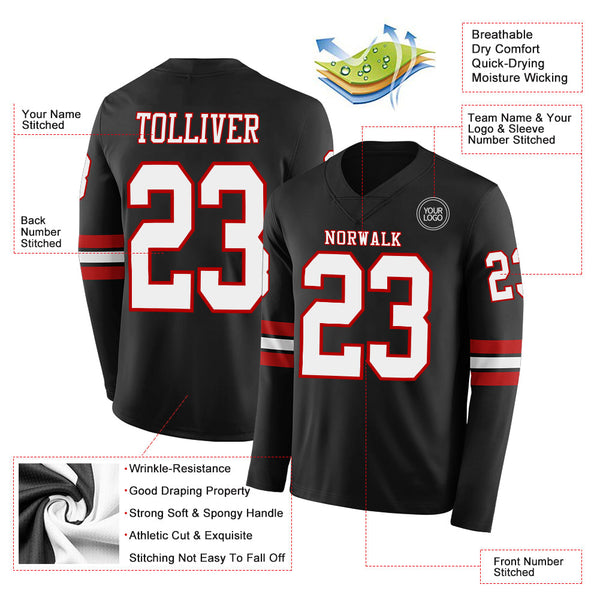Custom Black White-Red Long Sleeve Authentic Football Jersey alternate