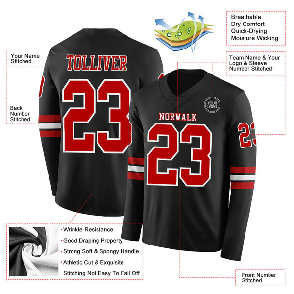 Custom Black Red-White Long Sleeve Authentic Football Jersey alternate