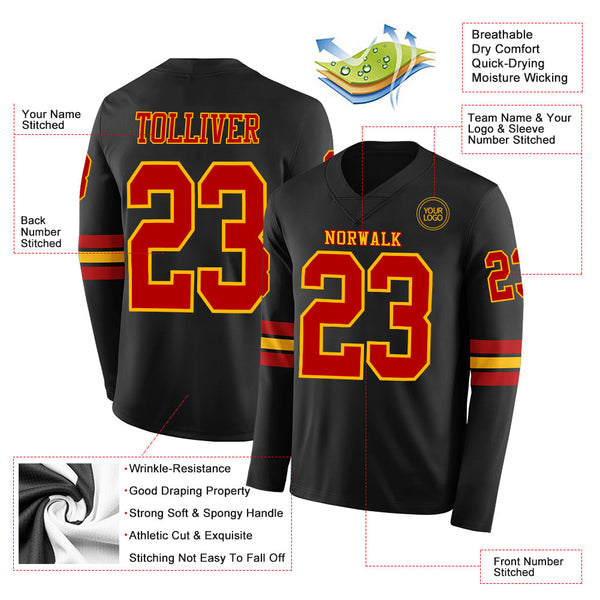 Custom Black Red-Gold Long Sleeve Authentic Football Jersey alternate